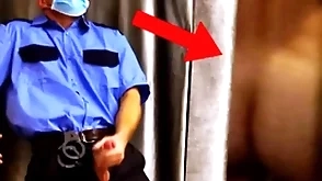Impudent security guard spies on a customer with an increment of jerks off right in the store