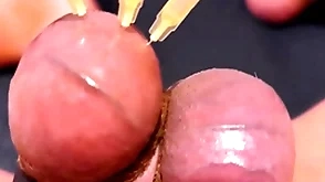 Testicle skewering cbt, edging & cumshot helter-skelter 3 needles, precum & stretched balls