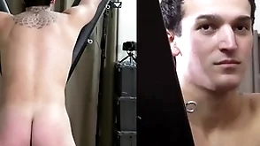 A candid hunk is strapped to a bondage cross for a fast spanking
