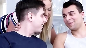 Bisex 69 loving toddler with small boobies fucked in 3some