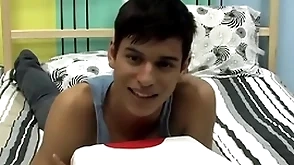 Cute twink is bringing off here his cock during an interview