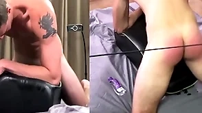 Hung alpha for all to see boy is spanked while shafting a sex toy