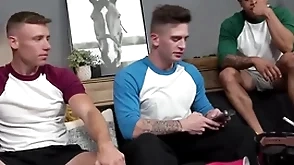 Hot jubilant jocks talk straight guy into threesome fuck
