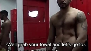 Wrap up latino bareback in gym shower