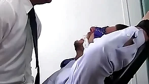 Businessman sergey bound and guffawing foot torment
