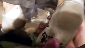 Three young guys cruel socks footjob