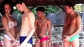 Team a few latino lovers have hard fuck session with Team a few salacious sluts outdoors