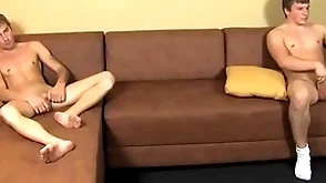 Well-pleased twinks masturbate their rock hard dicks in advance cumming