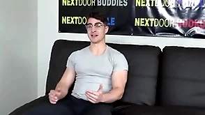 Muscled matchless stud with glasses wanks and cums atop someone's skin casting