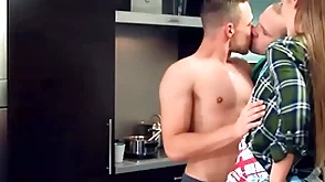Bisex girl enjoys 3some in the kitchen close to 2 bisex guys